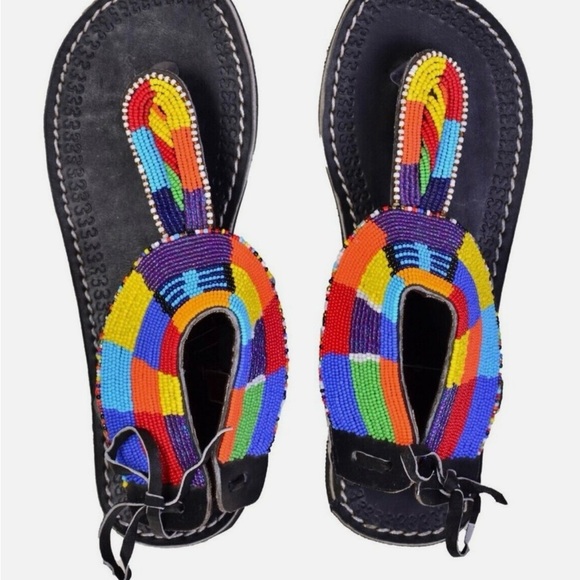 Beaded African Gladiator Sandal Bohemian Leather Masai Kenya US 8/8.5 EUR 39 - Picture 3 of 5